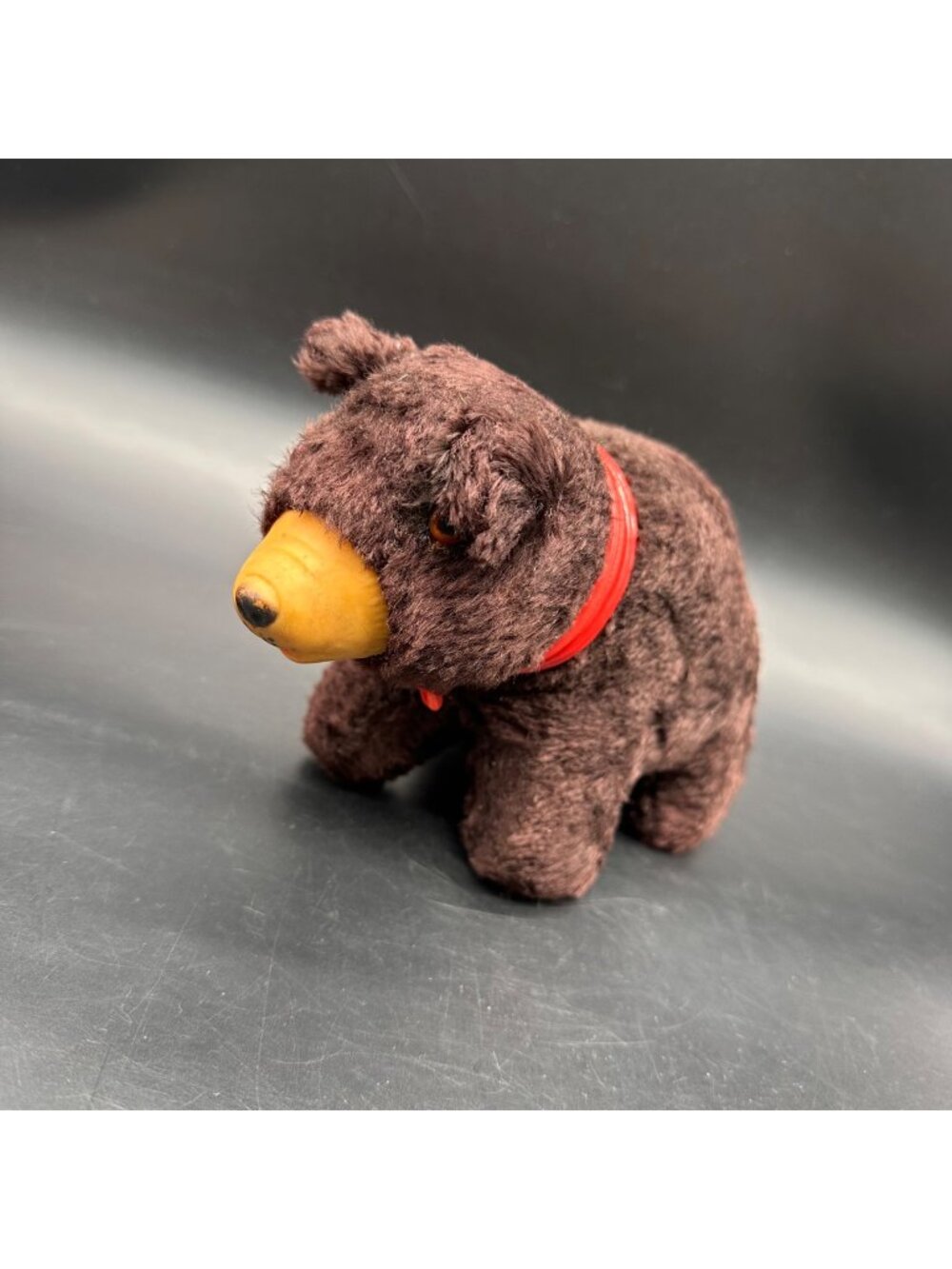 Vintage Plush Bear Toy Red Collar Mid Century Straw Stuffed Rubber Face Japan
